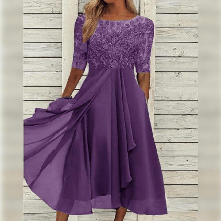 Women's Lace Evening Midi Dress Three Quarter Sleeve