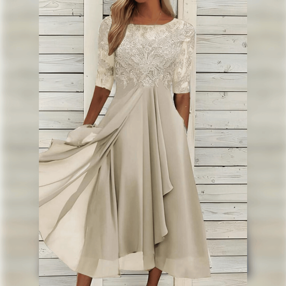 Women's Lace Evening Midi Dress Three Quarter Sleeve
