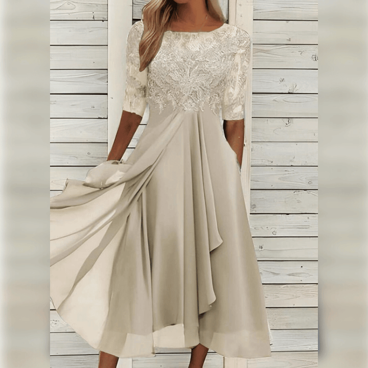 Women's Lace Evening Midi Dress Three Quarter Sleeve