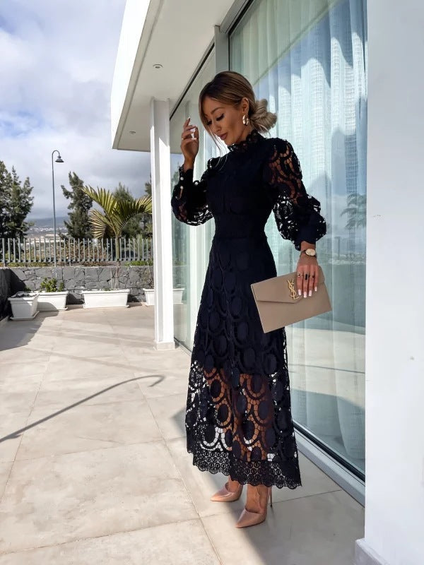 Women's High Neck Puff Sleeve Lace Dress