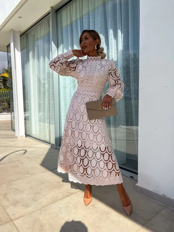 Women's High Neck Puff Sleeve Lace Dress