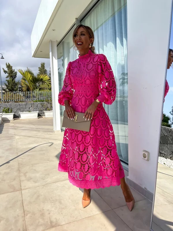 Women's High Neck Puff Sleeve Lace Dress