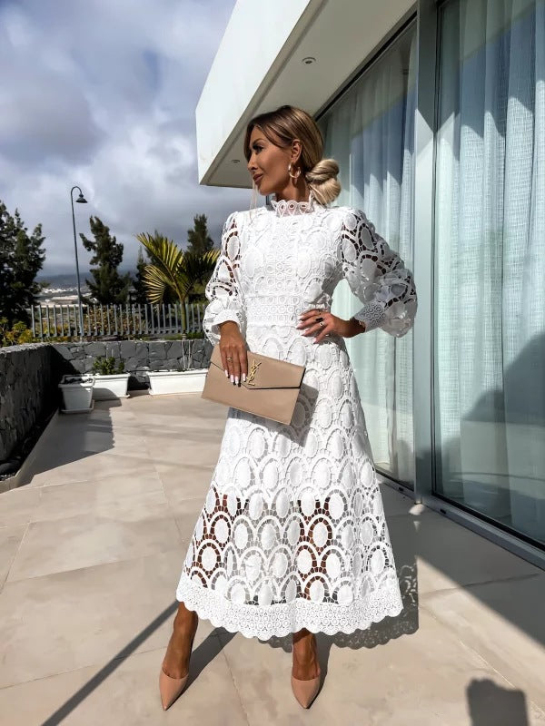 Women's High Neck Puff Sleeve Lace Dress