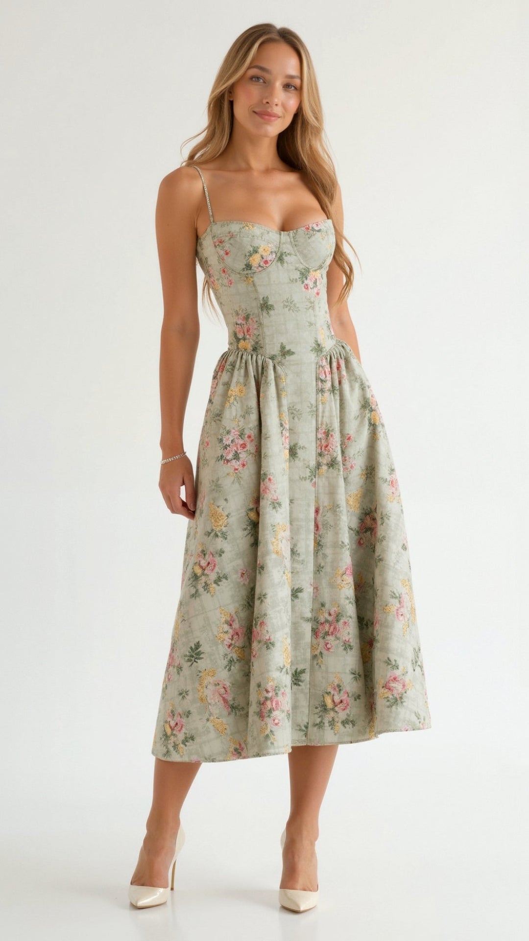 Women's Sweetheart Floral Gathered Midi Dress