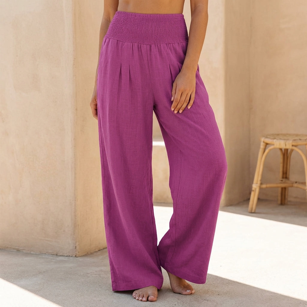 Women's Wide Leg Linen Trousers with Smocked Waist