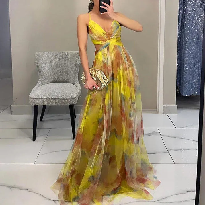 Women's Floral V-Neck Wedding Guest Maxi Dress