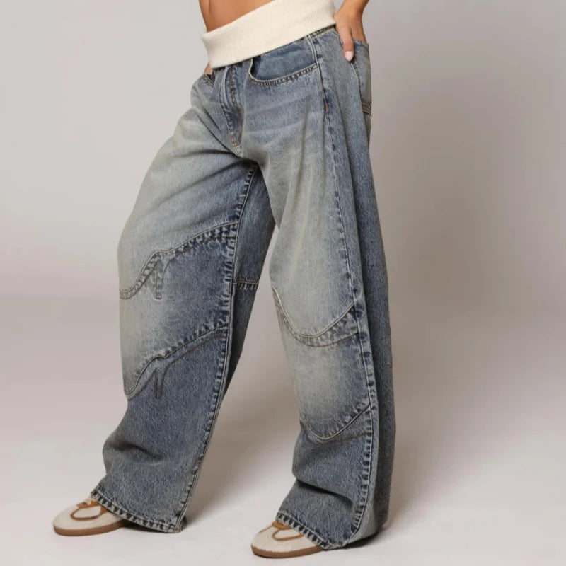 Women's Baggy Wide Leg Jeans Y2K Vintage Wash