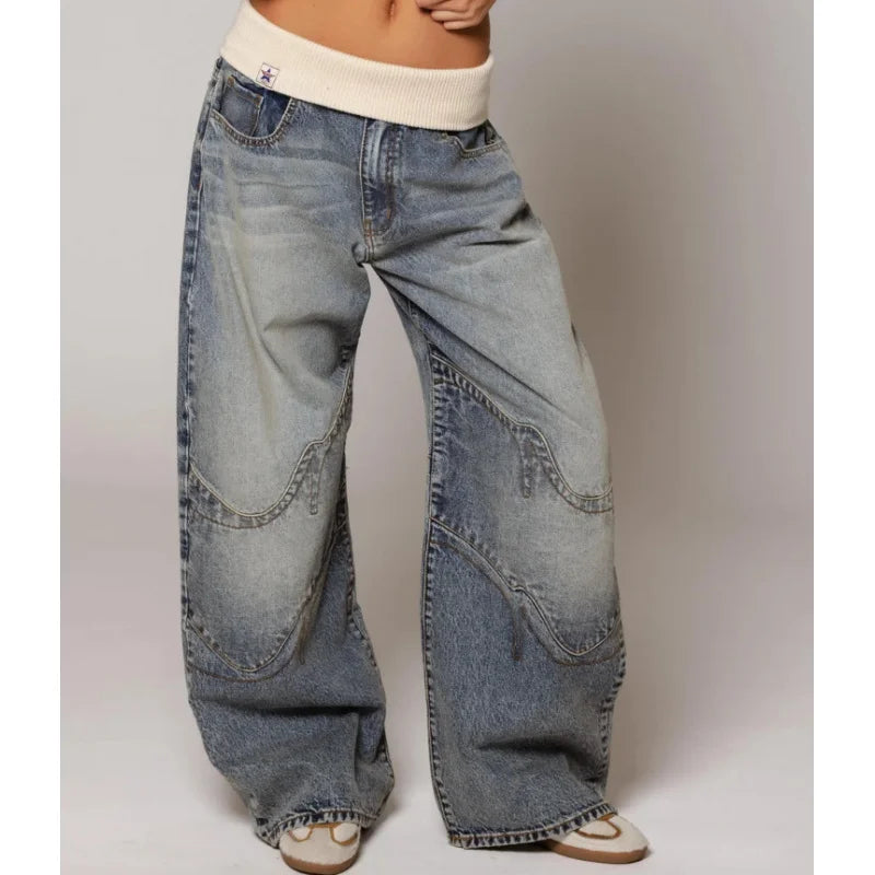 Women's Baggy Wide Leg Jeans Y2K Vintage Wash