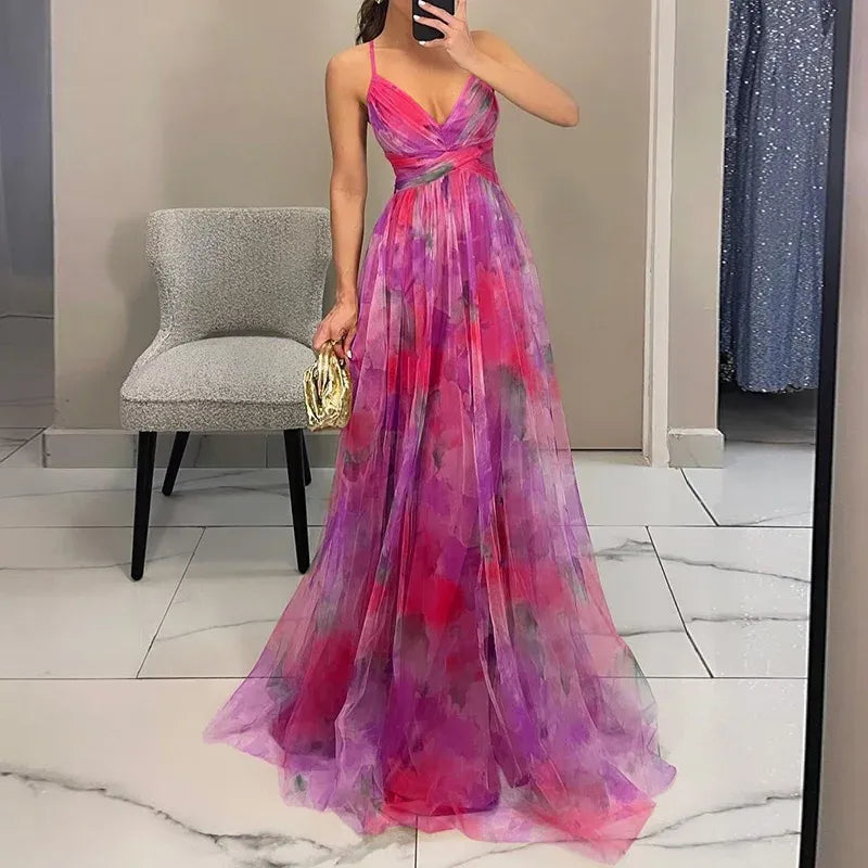 Women's Floral V-Neck Wedding Guest Maxi Dress