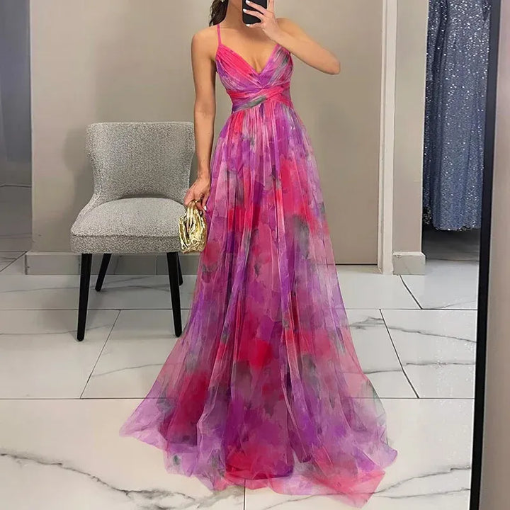 Women's Floral V-Neck Wedding Guest Maxi Dress