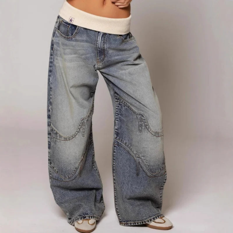 Women's Baggy Wide Leg Jeans Y2K Vintage Wash