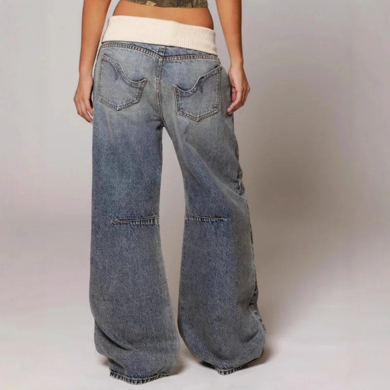 Women's Baggy Wide Leg Jeans Y2K Vintage Wash