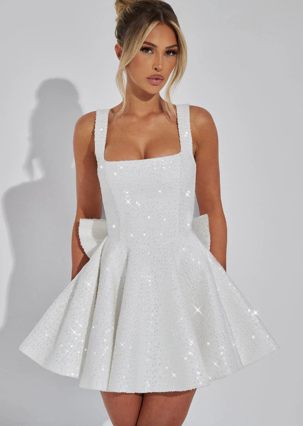 Women's Sequin Mini Dress Bow Detail Square Neck