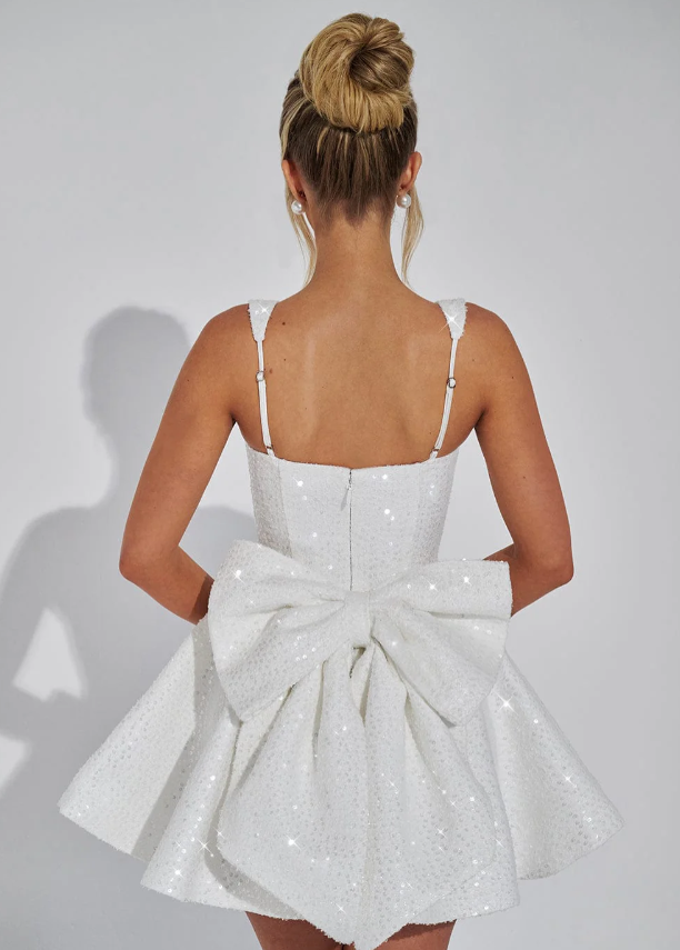 Women's Sequin Mini Dress Bow Detail Square Neck