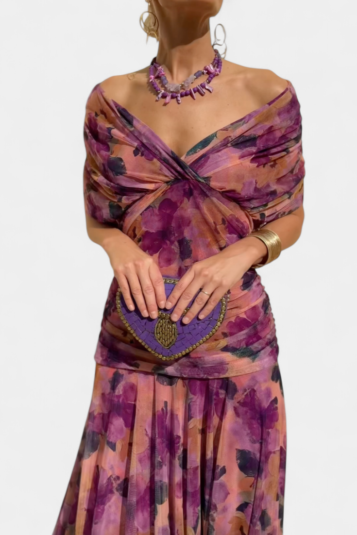 Women's Floral Pleated Maxi Dress V Neck