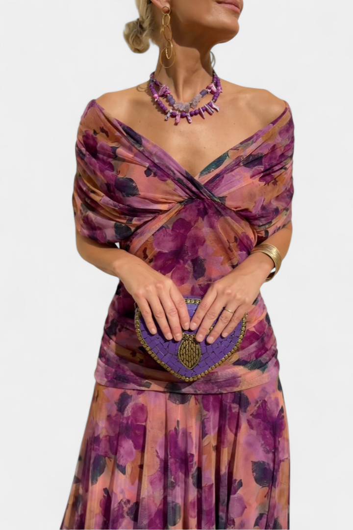 Women's Floral Pleated Maxi Dress V Neck