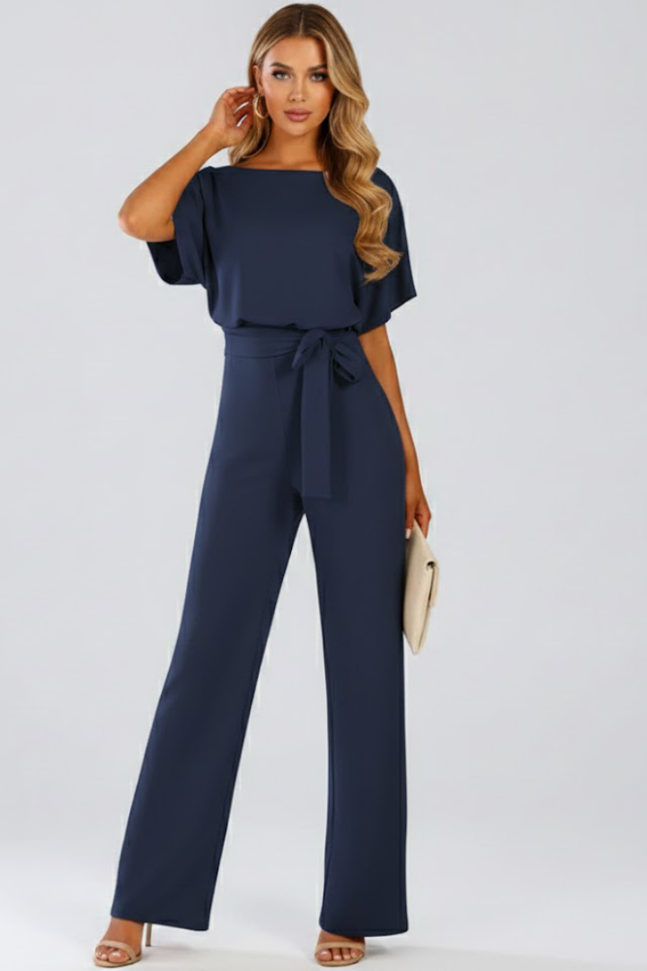 Women's Wide Leg Jumpsuit Belted Round Neck Short Sleeve