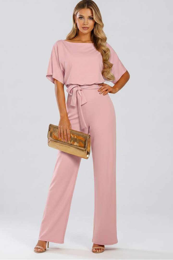 Women's Wide Leg Jumpsuit Belted Round Neck Short Sleeve