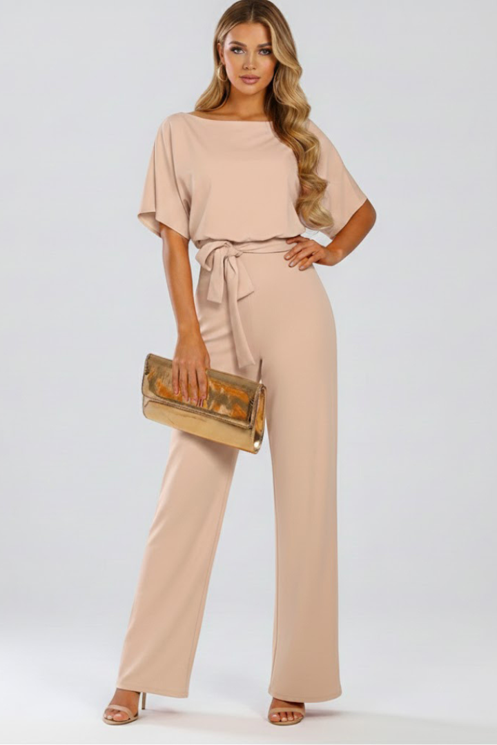 Women's Wide Leg Jumpsuit Belted Round Neck Short Sleeve