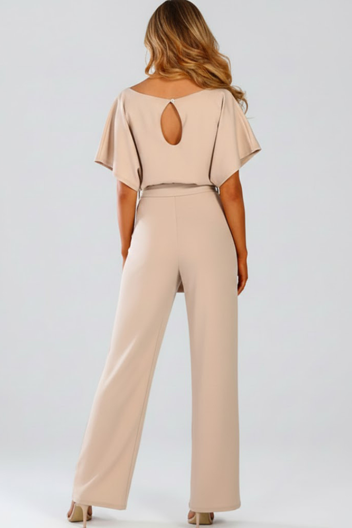 Women's Wide Leg Jumpsuit Belted Round Neck Short Sleeve