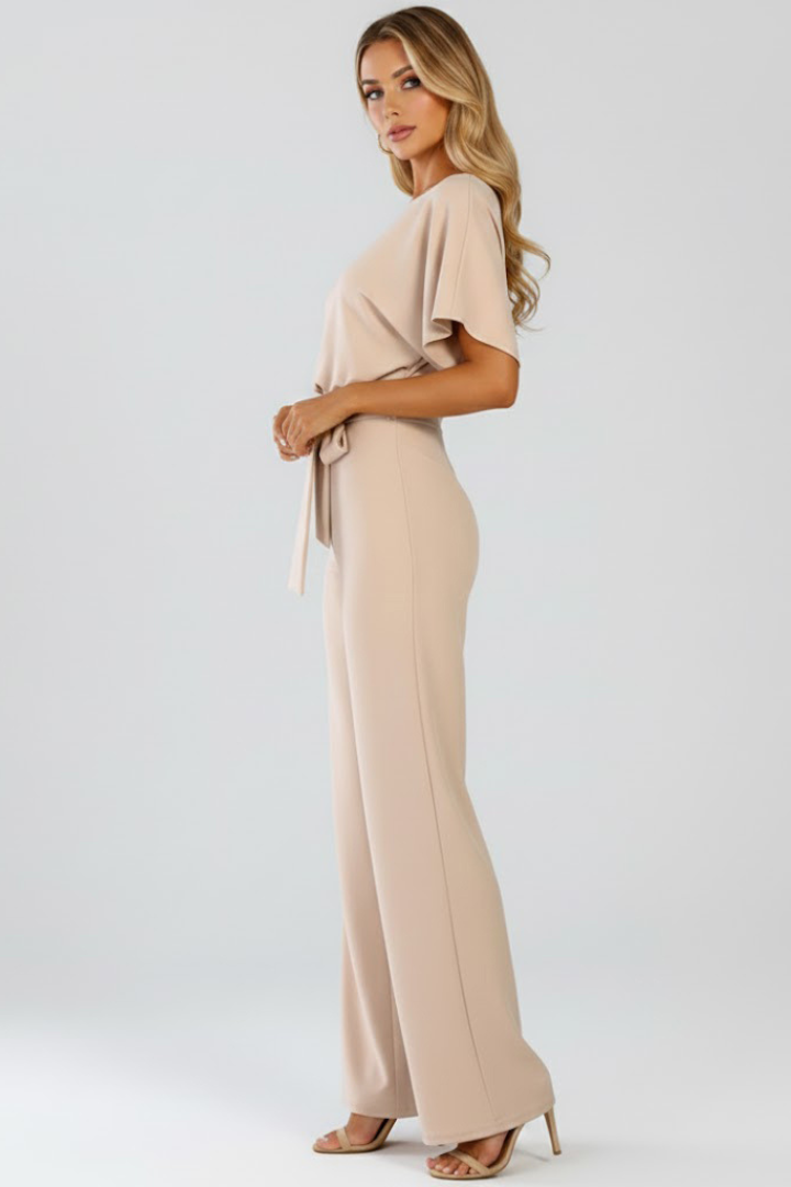 Women's Wide Leg Jumpsuit Belted Round Neck Short Sleeve