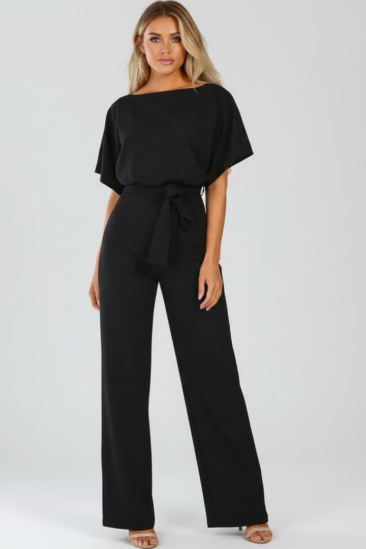 Women's Wide Leg Jumpsuit Belted Round Neck Short Sleeve