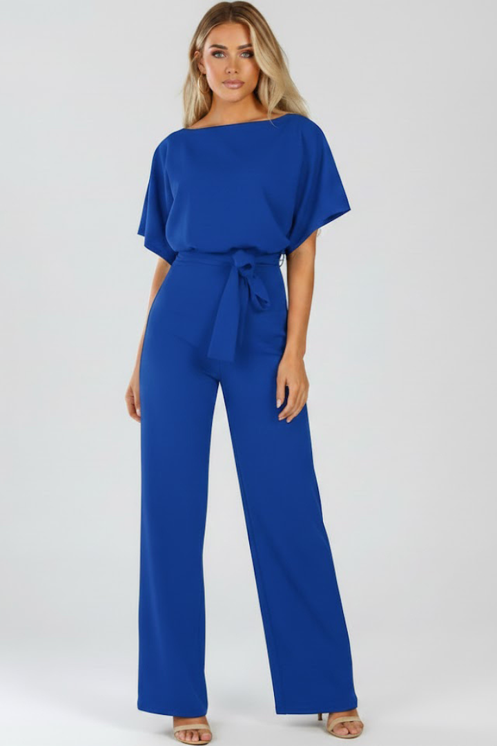 Women's Wide Leg Jumpsuit Belted Round Neck Short Sleeve