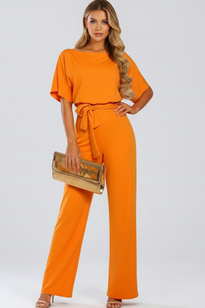 Women's Wide Leg Jumpsuit Belted Round Neck Short Sleeve