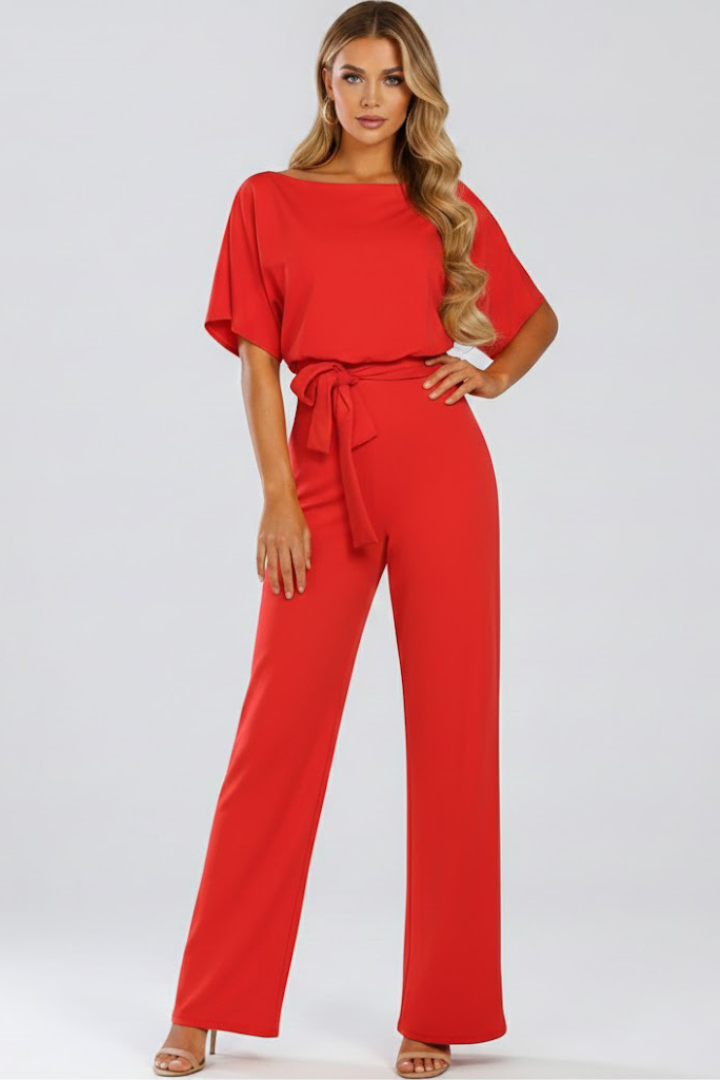 Women's Wide Leg Jumpsuit Belted Round Neck Short Sleeve