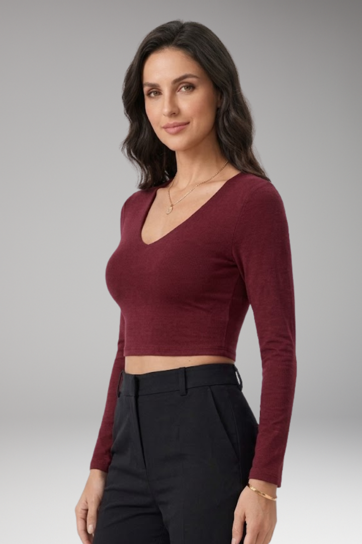 Women's Crop Top V Neck Long Sleeve