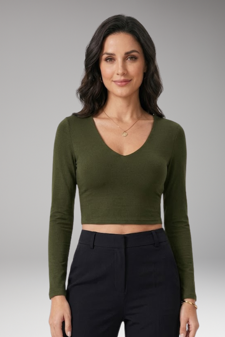 Women's Crop Top V Neck Long Sleeve