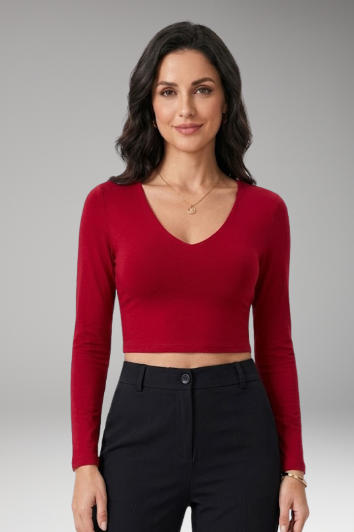 Women's Crop Top V Neck Long Sleeve