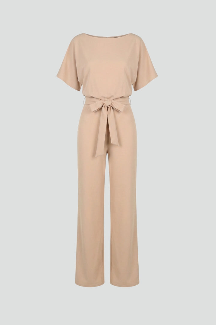 Women's Wide Leg Jumpsuit Belted Round Neck Short Sleeve
