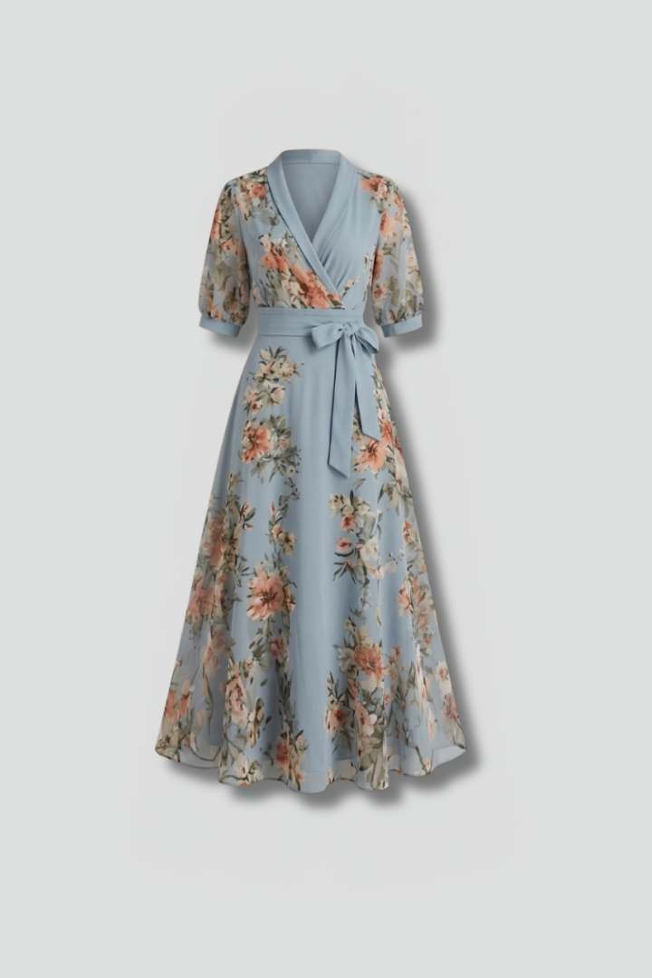 Women's Floral Print V Neck Midi Dress Short Sleeve