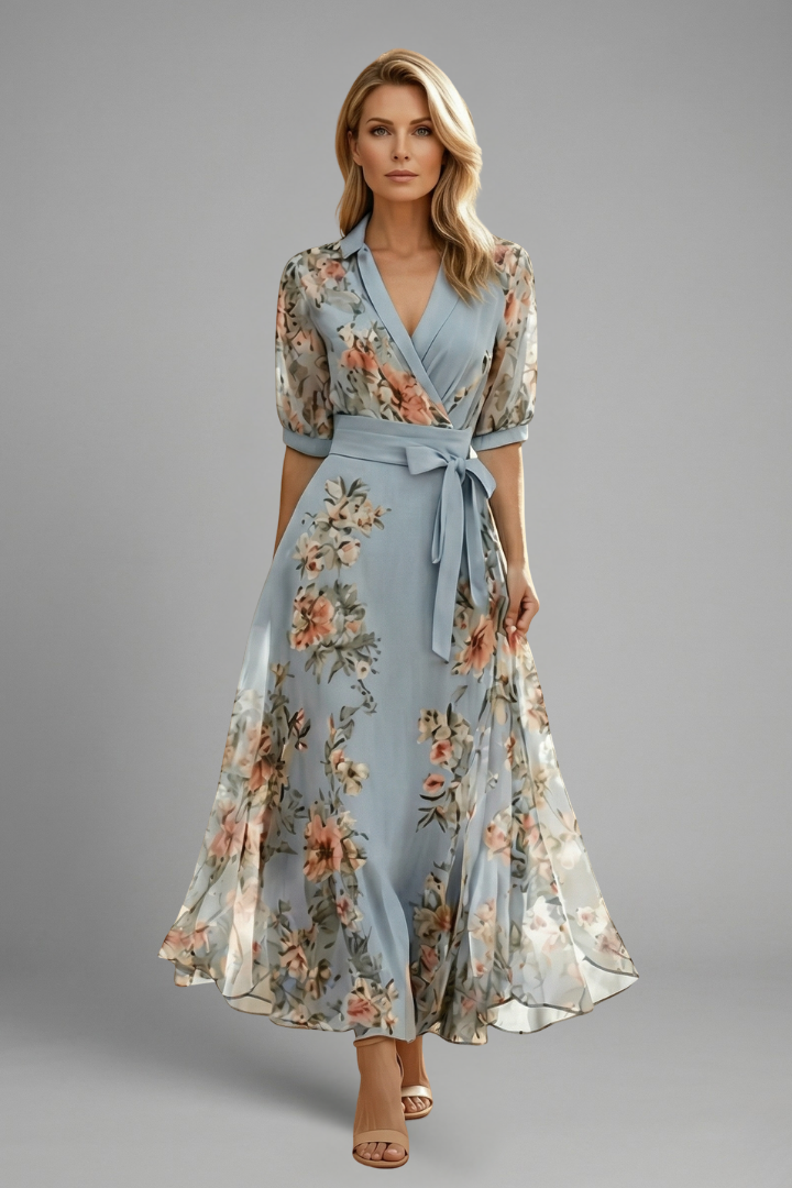 Women's Floral Print V Neck Midi Dress Short Sleeve