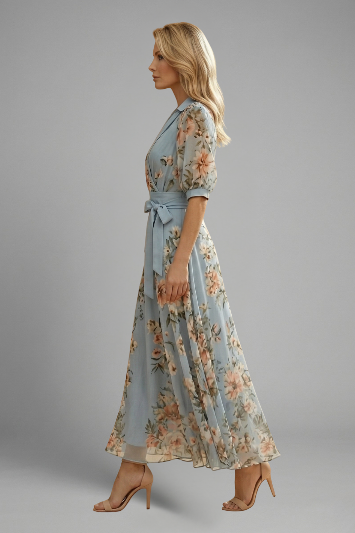 Women's Floral Print V Neck Midi Dress Short Sleeve