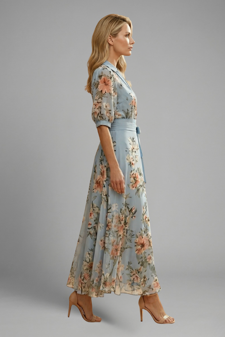 Women's Floral Print V Neck Midi Dress Short Sleeve