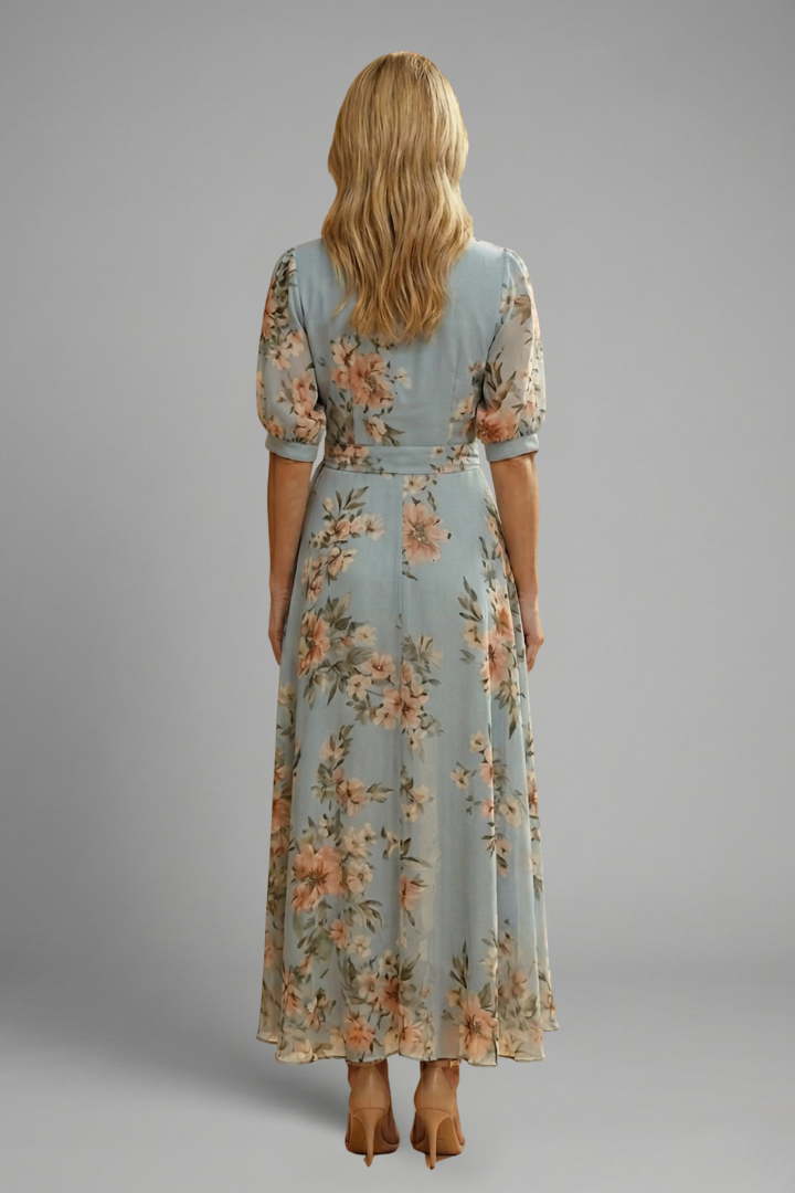 Women's Floral Print V Neck Midi Dress Short Sleeve