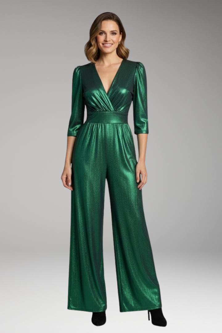 Women's Wide Leg Jumpsuit V Neck Three Quarter Sleeve