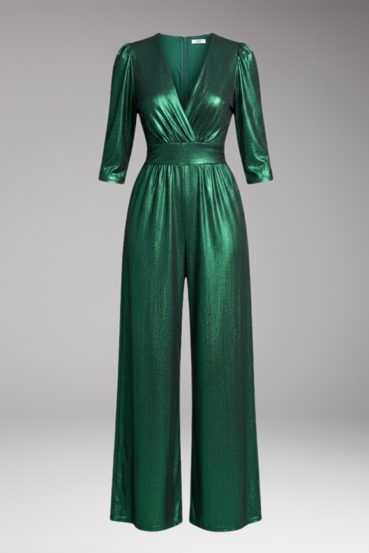 Women's Wide Leg Jumpsuit V Neck Three Quarter Sleeve