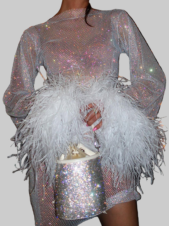 Women's Sparkly Feather Cuff Mini Dress
