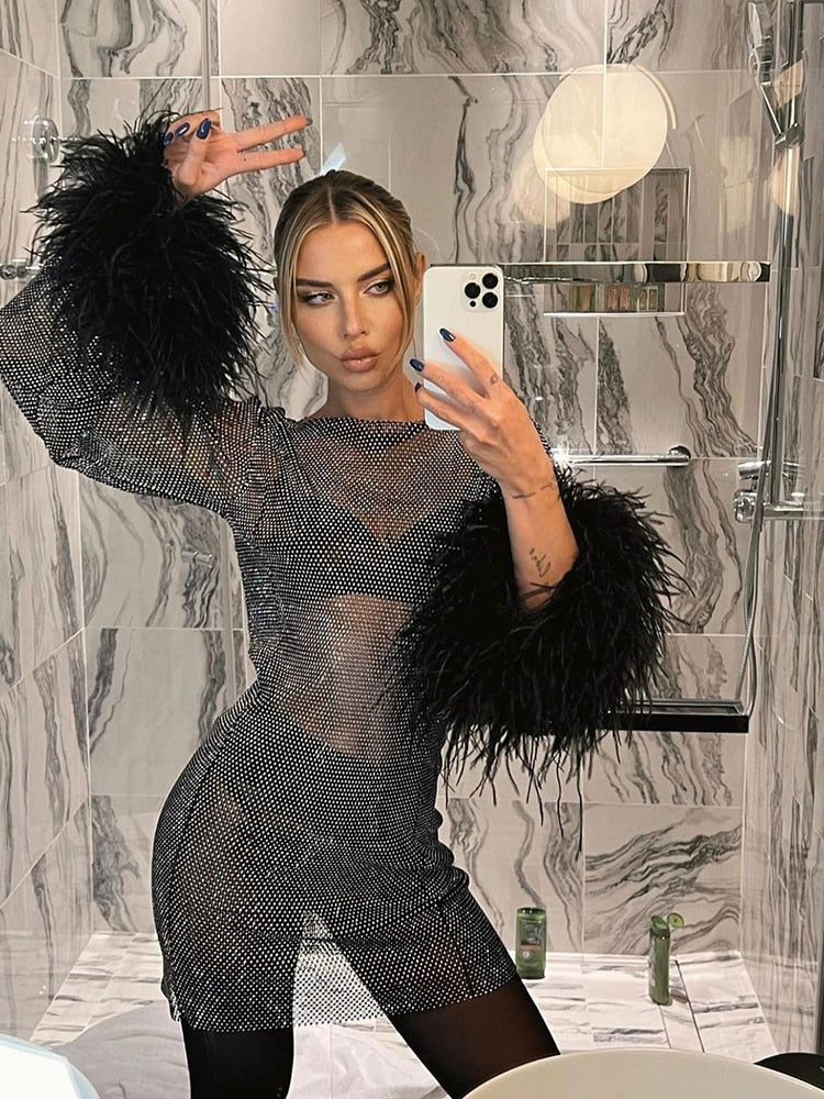 Women's Sparkly Feather Cuff Mini Dress