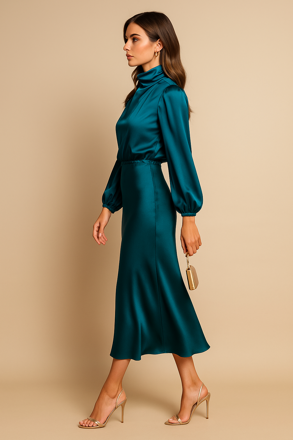 Women's High Neck Long Sleeve Midi Dress