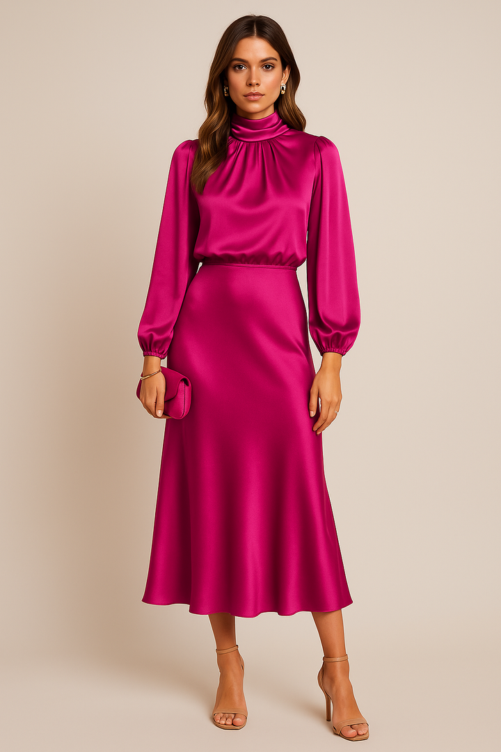 Women's High Neck Long Sleeve Midi Dress