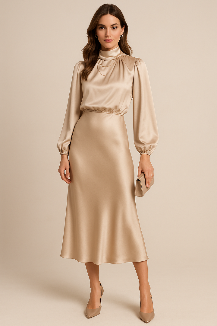 Women's High Neck Long Sleeve Midi Dress