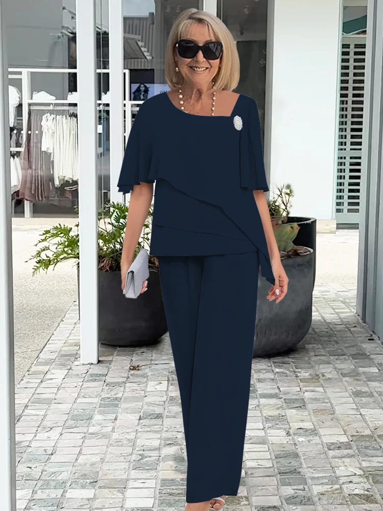 Women's Formal Two-Piece Set Overlay Top Straight Leg Trousers