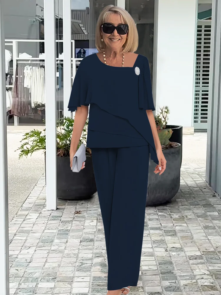 Women's Formal Two-Piece Set Overlay Top Straight Leg Trousers