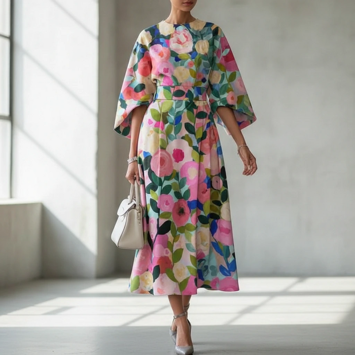 Women's Floral Midi Dress Belted Wrap Style