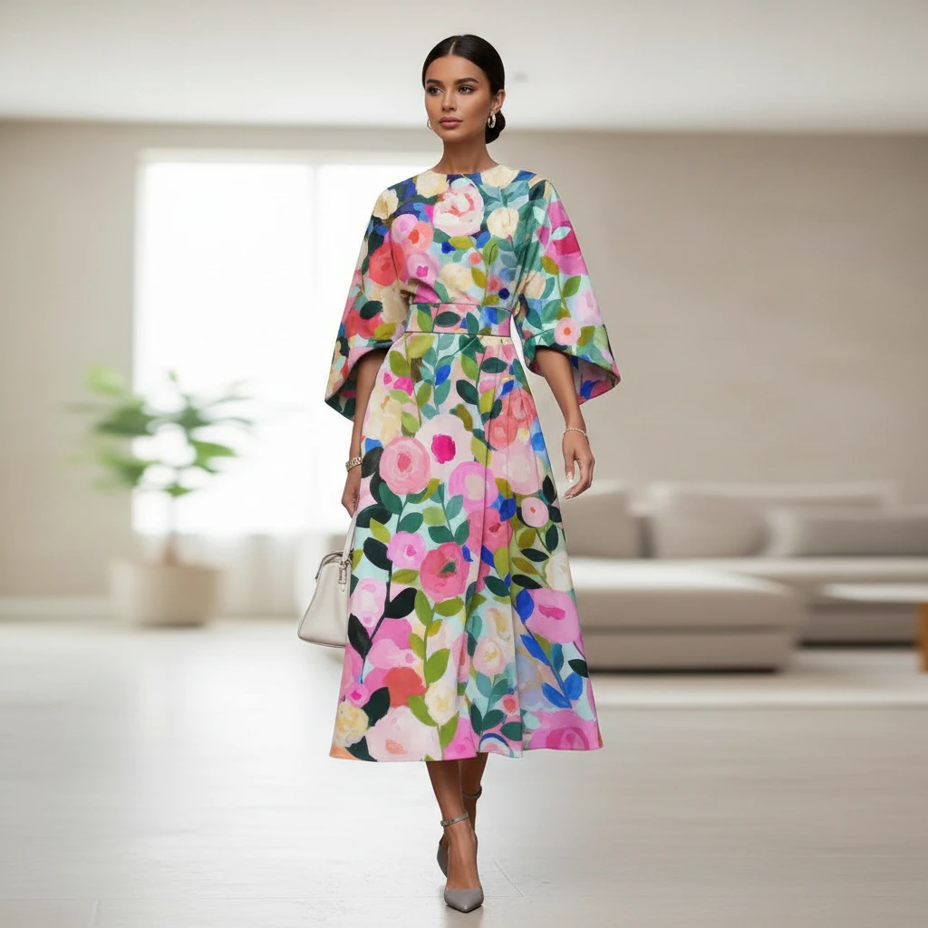 Women's Floral Midi Dress Belted Wrap Style