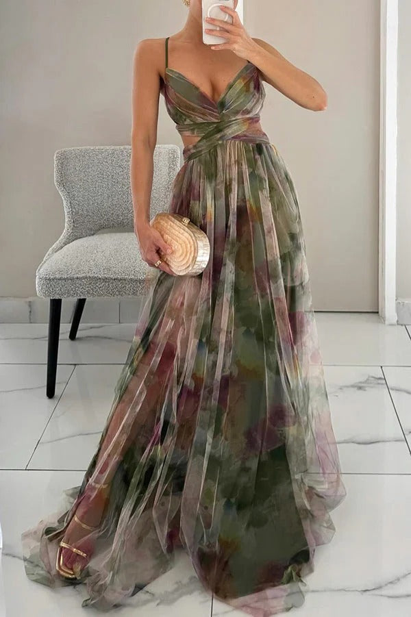 Women's Floral V-Neck Wedding Guest Maxi Dress